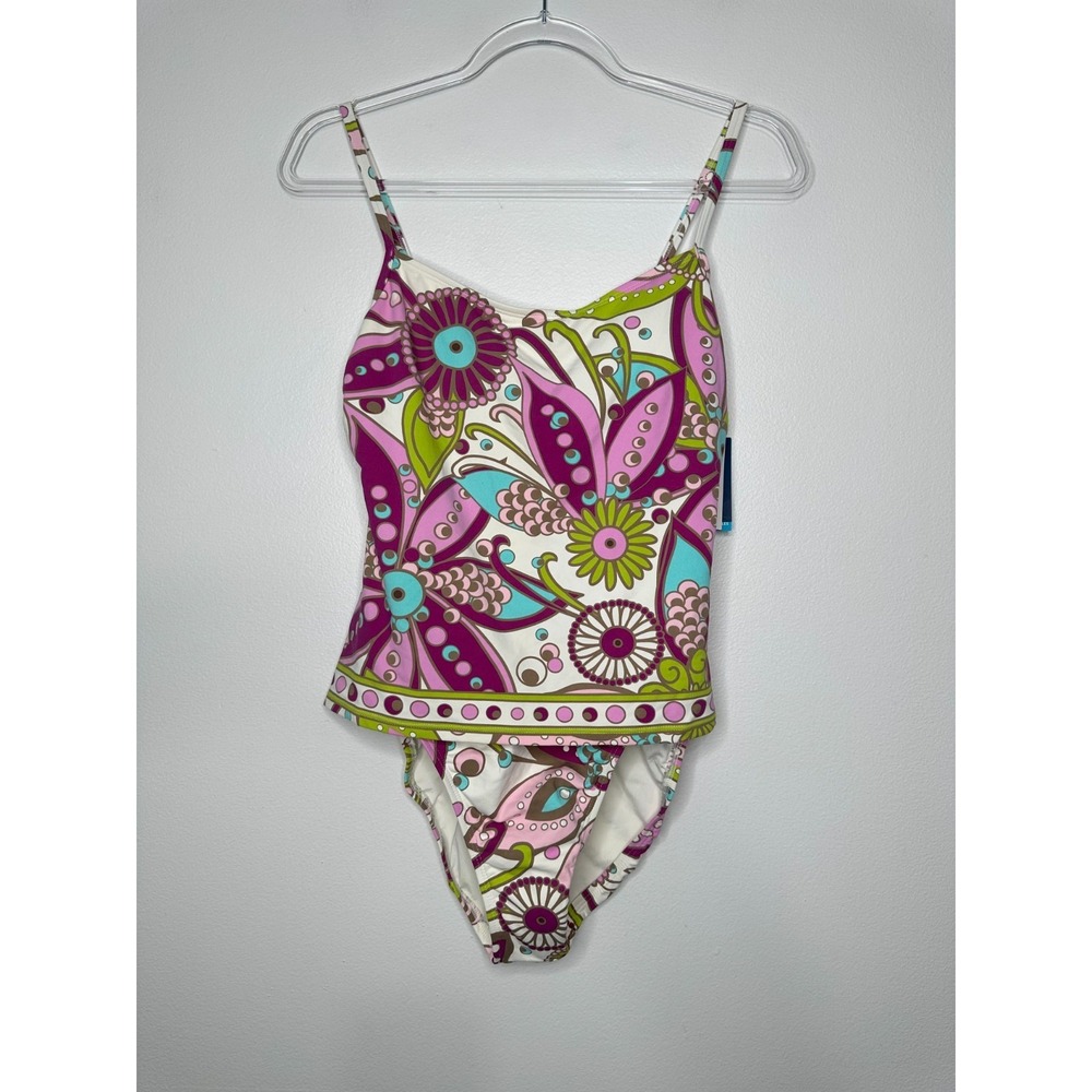 Jantzen One Piece Swimsuit Size 10 Floral Artsy Purple White Boho